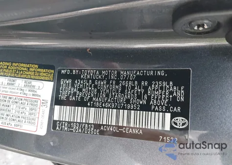 2007 Toyota Camry Le z USA, uszkodzony, nr VIN 4T1BE46K97U719952